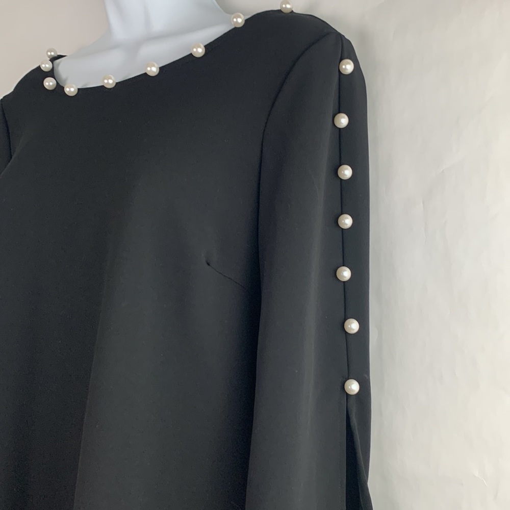 Roz & Ali Black Shift Dress with Pearl Detailed Boat Neck & 3/4 Sleeves Size 6